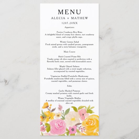 Boho roze geel bloemenbruiloft waterverf menu (Voorkant)
