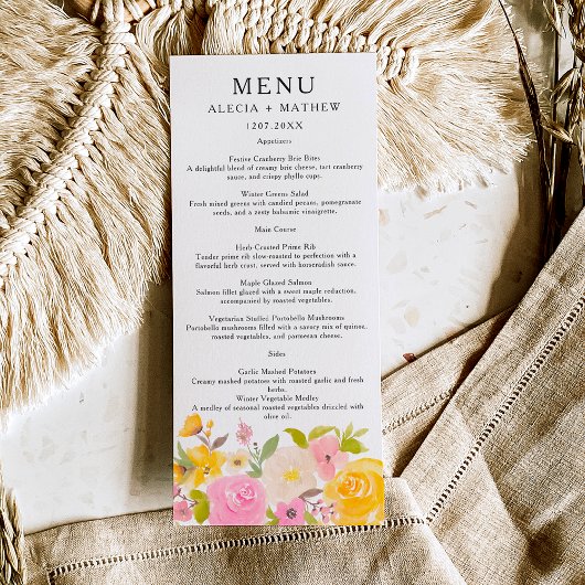 Boho roze geel bloemenbruiloft waterverf menu
