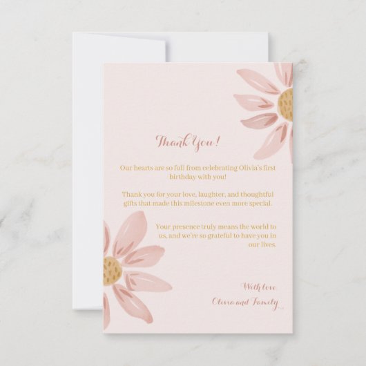 Boho Roze Gele Daisy 1e Verjaardag Dank u kaart (Voorkant)