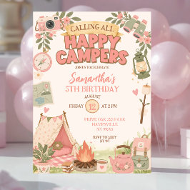 Boho Roze Gelukkige Kampeerders Meisje Verjaardag Kaart
