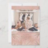 Boho Roze & Goud Bladgroen & Foto Kerstmis Feestdagenkaart (Voorkant)