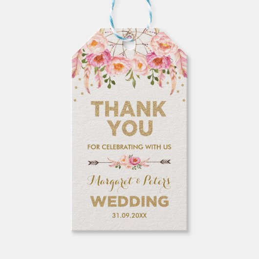 Boho Roze Goud Bloemen Dreamcatcher Huwelijksgunst Cadeaulabel (Voorkant)