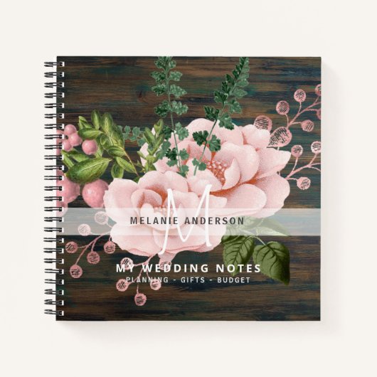 Boho Roze Goud Rozen Bloemen Bruiloft Planning Notitieboek (Voorkant)