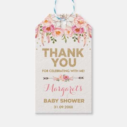 Boho roze gouden bloemen baby meisje douche gunste cadeaulabel (Voorkant)