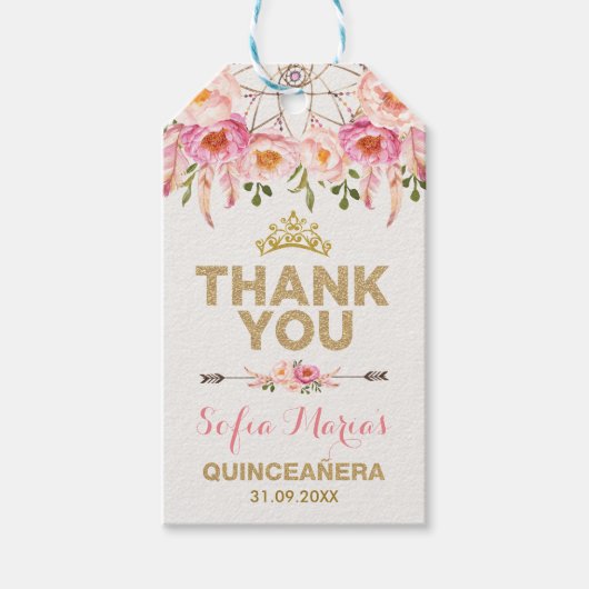 Boho Roze Gouden Bloemen Quinceanera Favorieten Cadeaulabel (Voorkant)