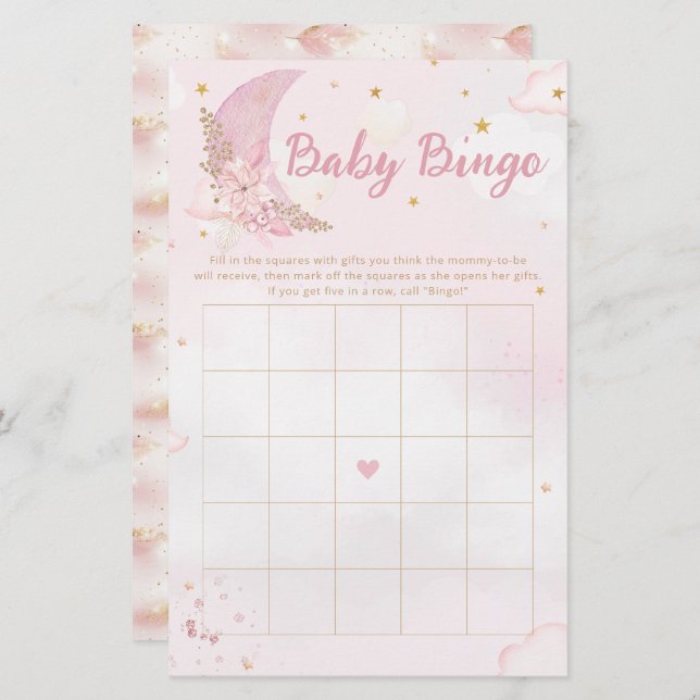 Boho Roze & Gouden Maan Baby shower Bingogame (Voorkant / Achterkant)