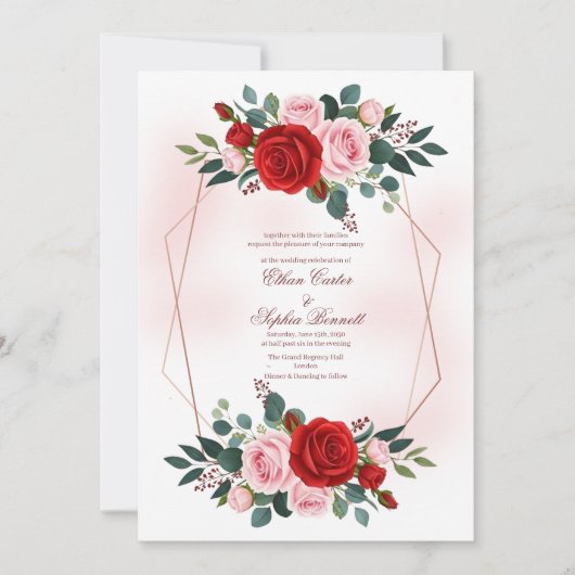 Boho Roze Gouden Zeshoek Bloemige Bruiloft Kaart (Voorkant)