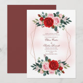 Boho Roze Gouden Zeshoek Bloemige Bruiloft Kaart (Voorkant / Achterkant)