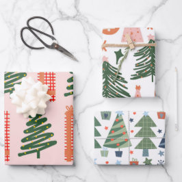 Boho Roze Groen Blauw Kerstbomen Vakantie Inpakpapier Vel