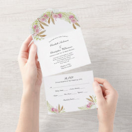 Boho Roze Groen Botanisch Bloemend Huwelijk  All In One Uitnodiging