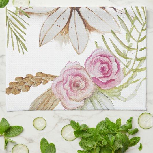 Boho Roze Groen Bruin Wit Bloem Modieus Theedoek (Gevouwen)