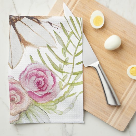 Boho Roze Groen Bruin Wit Bloem Modieus Theedoek (Quarter Fold)