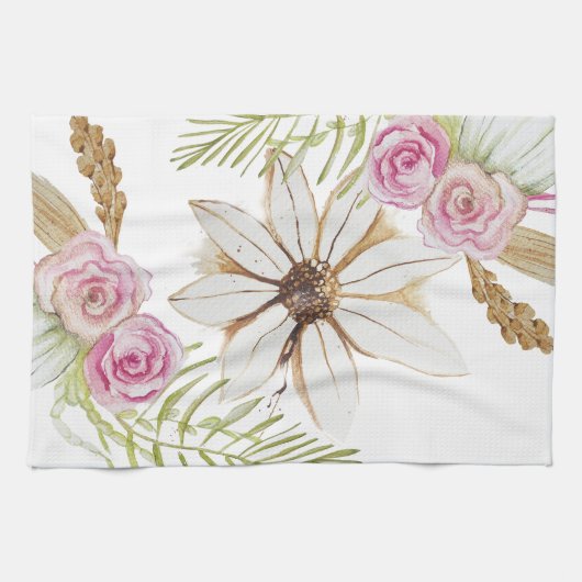 Boho Roze Groen Bruin Wit Bloemig Trendy Theedoek (Horizontaal)