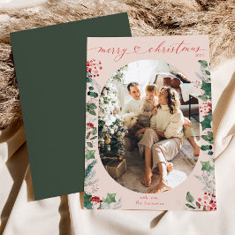 Boho roze groen gebladerte foto kerst Kaart