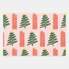 Boho Roze Groen Rode Kerstbomen Vakantie  Inpakpapier Vel