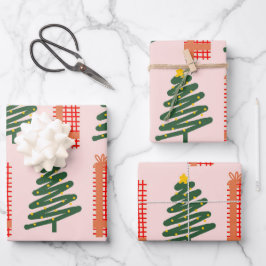 Boho Roze Groen Rode Kerstbomen Vakantie  Inpakpapier Vel