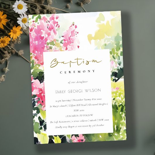 Boho Roze Groen Tropisch Bougainvillea Doopsel Kaart