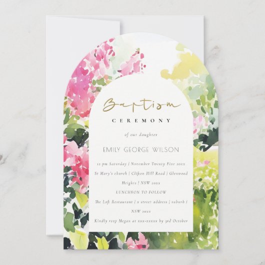 Boho Roze Groen Tropische Bougainvillea Doop Kaart (Voorkant)