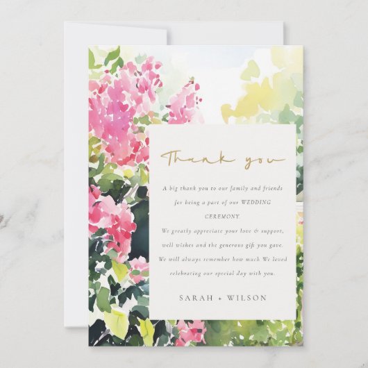 Boho Roze Groen Tropische Bougainvillea Huwelijk Bedankkaart (Voorkant)