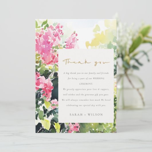 Boho Roze Groen Tropische Bougainvillea Huwelijk Bedankkaart (Staand voorkant)