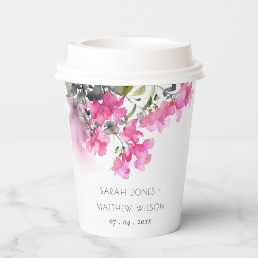 Boho Roze Groen Tropische Bougainvillea Huwelijk Papieren Bekers (Achterkant)