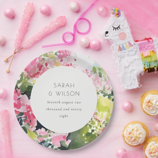 Boho Roze Groen Tropische Bougainvillea Huwelijk Papieren Bordje (Feest)