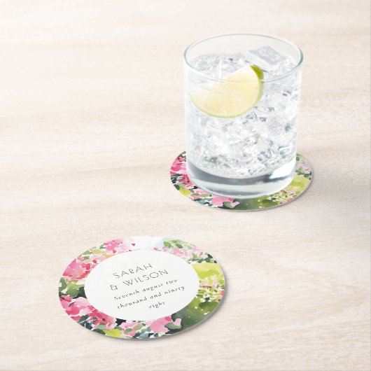 Boho Roze Groen Tropische Bougainvillea Huwelijk Ronde Kartonnen Onderzetter (Insitu)