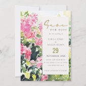 Boho Roze Groen Tropische Bougainvillea Huwelijk Save The Date (Voorkant)