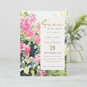 Boho Roze Groen Tropische Bougainvillea Huwelijk Save The Date (Staand voorkant)