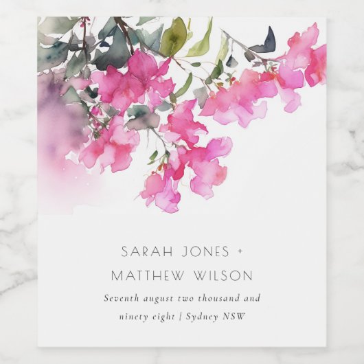 Boho Roze Groen Tropische Bougainvillea Huwelijk Wijn Etiket (Enkel label)