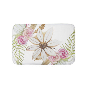 Boho Roze Groen Wit Bruin Bloem Elegant  Badmat