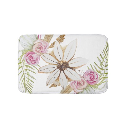 Boho Roze Groen Wit Bruin Bloem Elegant Badmat (Voorkant)