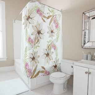 Boho Roze Groen Wit Bruin Bloemig Elegant Trend  Douchegordijn