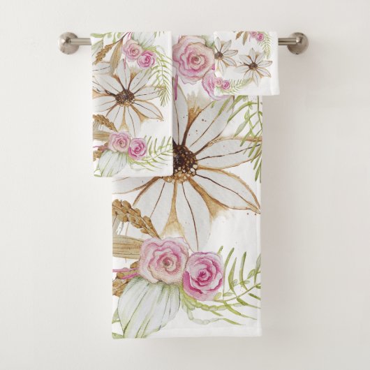 Boho Roze Groen Wit Bruin Bloemig Elegant Trendy  Bad Handdoek (Insitu)