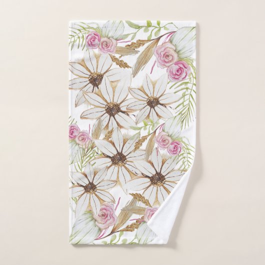 Boho Roze Groen Wit Bruin Bloemig Elegant Trendy  Bad Handdoek (Handdoek)