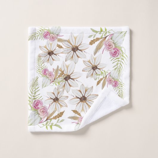 Boho Roze Groen Wit Bruin Bloemig Elegant Trendy  Bad Handdoek (Wasdoekje)