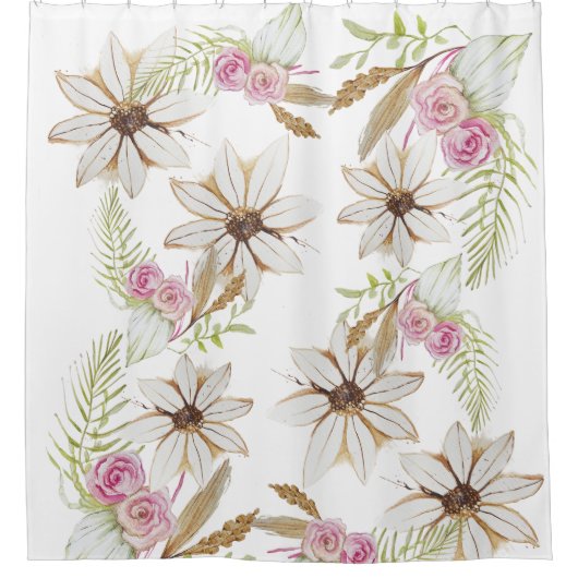 Boho Roze Groen Wit Bruin Bloemig Elegant Trendy Douchegordijn (Voorkant)