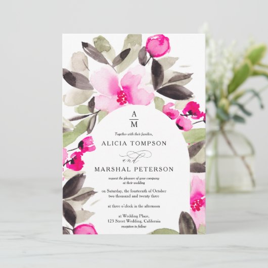 Boho roze groene bloemenbruiloft waterverf kaart (Staand voorkant)