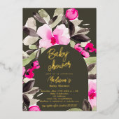 Boho roze groene bloemenwaterverf baby shower folie uitnodiging (Voorkant)
