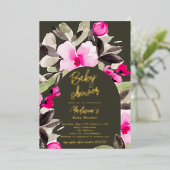 Boho roze groene bloemenwaterverf baby shower folie uitnodiging (Staand Voorkant)