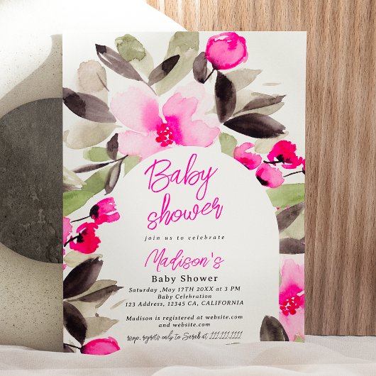 Boho roze groene bloemenwaterverf baby shower kaart