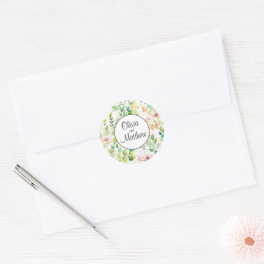 Boho roze groene botanische waterverf wilde bloeme ronde sticker (Envelop)