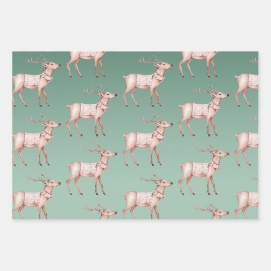 Boho Roze Groene Kerst Herten Bomen Inpakpapier Vel (Voorkant)