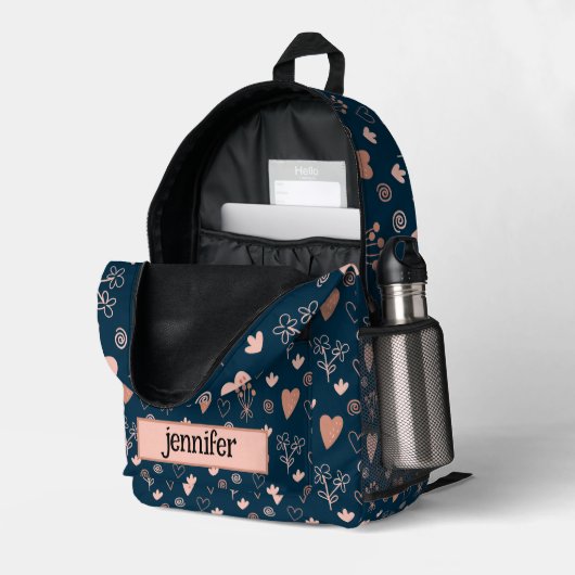 Boho Roze Harten & Bloemen op Donkere korenbloem Bedrukte Rugzak (Achterkan Hoek Rechts (Open))