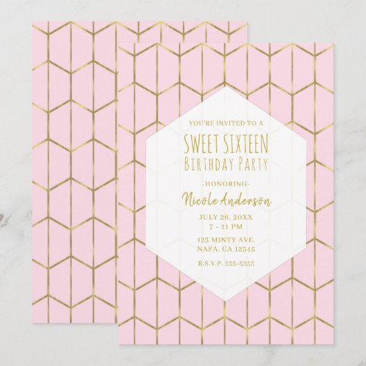 Boho roze hexagon Gold Geometric Glam Sweet 16 Kaart (Voorkant / Achterkant)