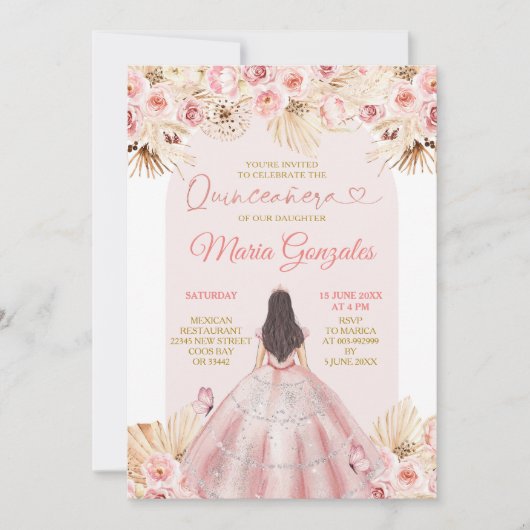 Boho Roze Jurk Bloemrijke Prinses Quinceañera Kaart (Voorkant)