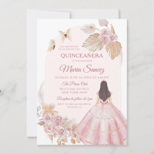 Boho Roze Jurk Mexicaanse Prinses Quinceañera Kaart (Voorkant)