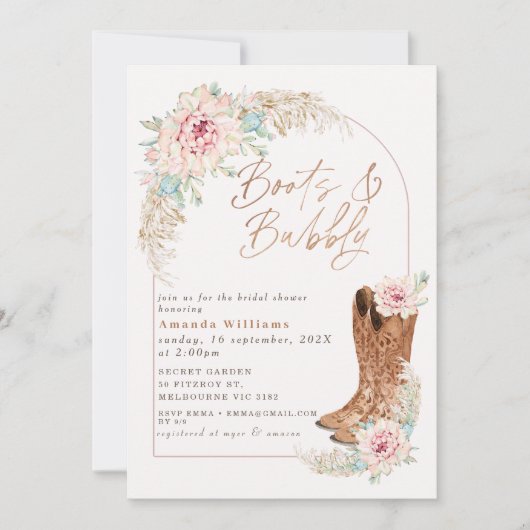 Boho Roze Laarzen en Bruisende Bruiloftfeest Kaart (Voorkant)