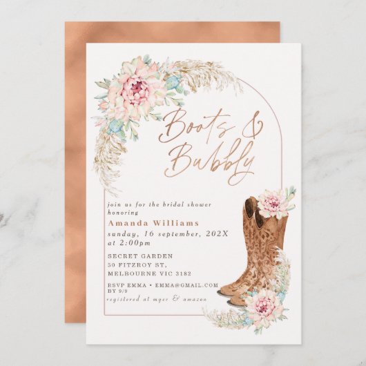 Boho Roze Laarzen en Bruisende Bruiloftfeest Kaart (Voorkant / Achterkant)