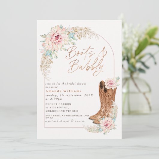 Boho Roze Laarzen en Bruisende Bruiloftsborrel Kaart (Staand voorkant)